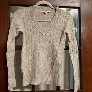 Loft, V Neck Sweater, Tan with gold weaving Size Small